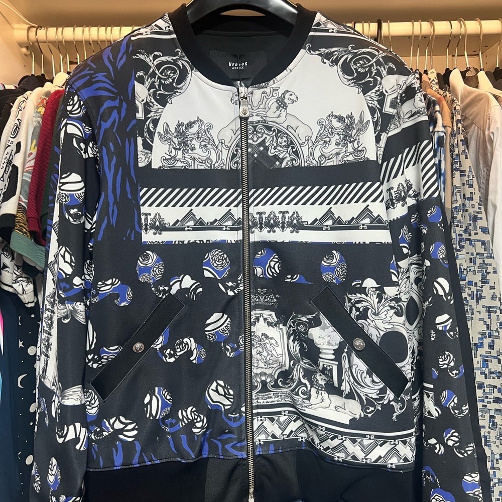 Versace Monochrome and Blue Patterned Bomber Jacket